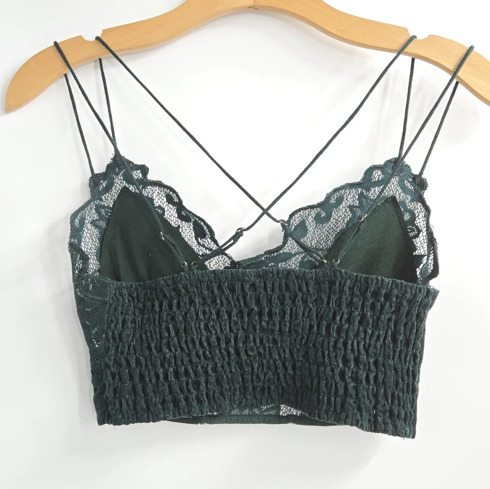 Free People Intimately Adella Bralette Green Flocked‎ Velvet Lace